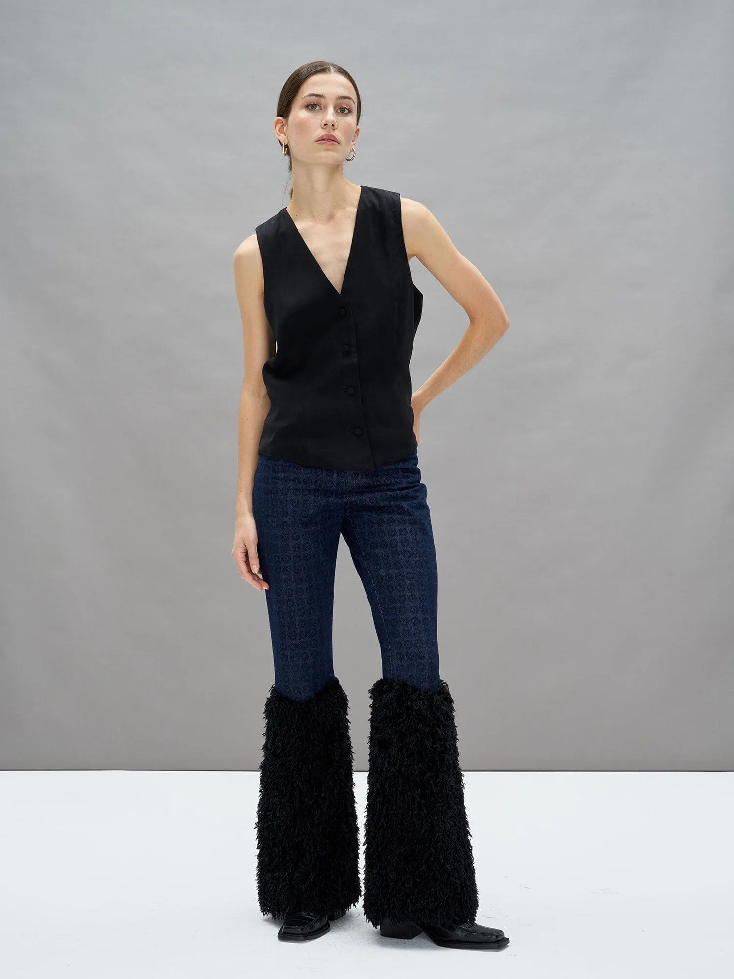ADY - Pantalon patte d'éléphant taille haute en denim bleu imprimé blason et plumes Noir