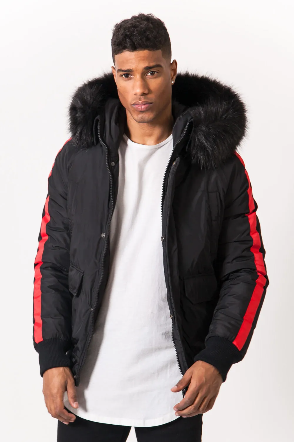 Blouson bandes fourrure noir rouge