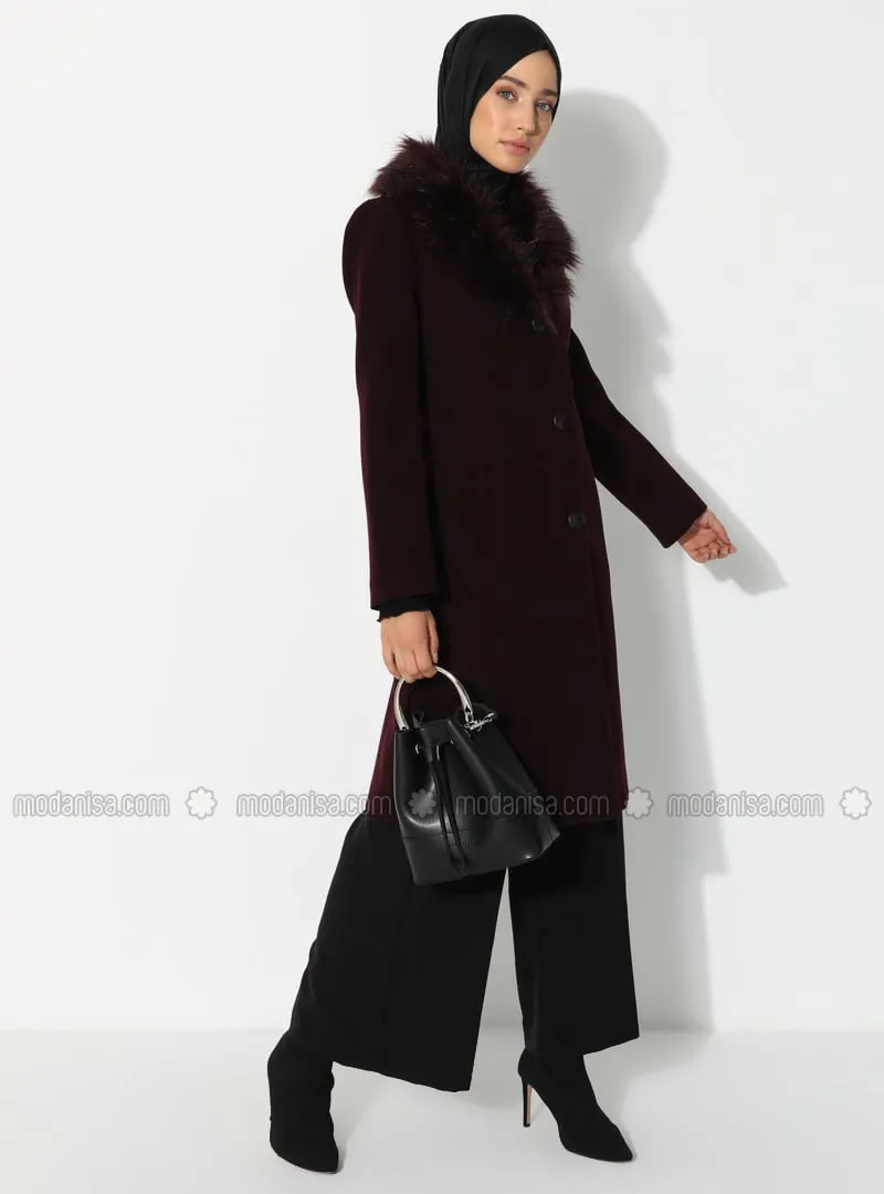 Faux Fur Detailed Coat With Faux Fur Collar Plum Color