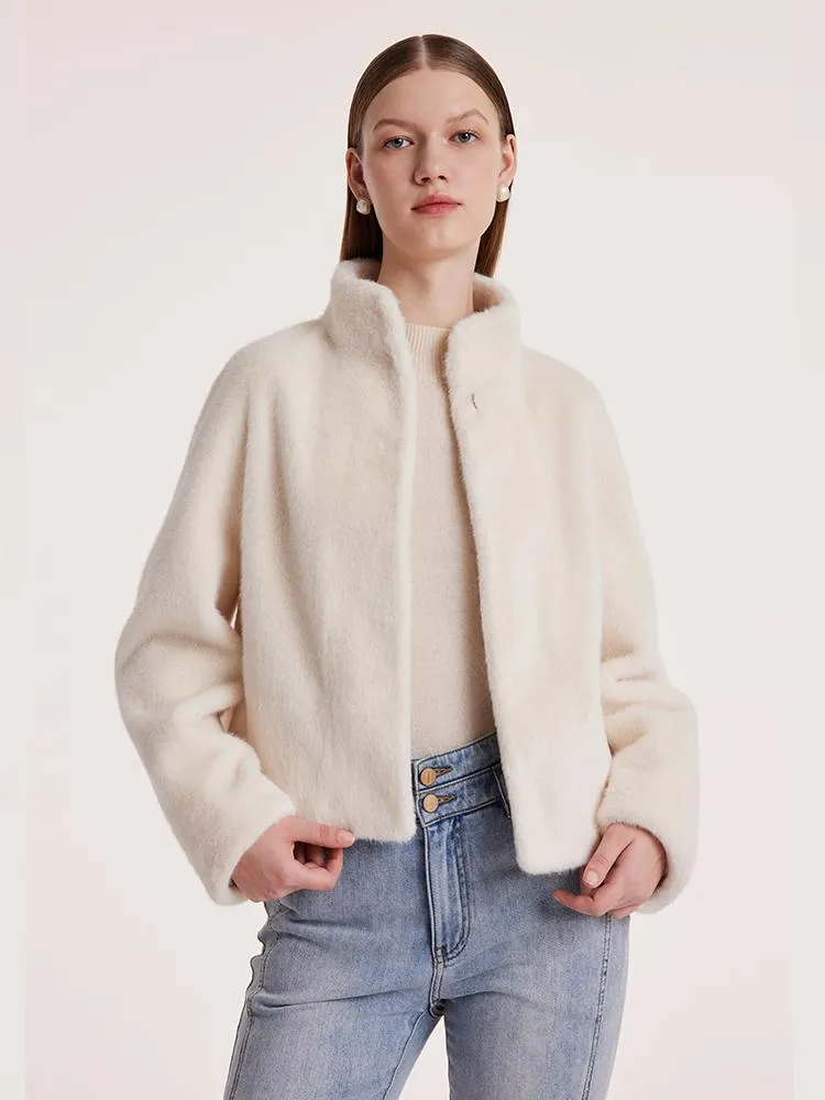 Manteau court pour femme à col montant en fourrure écologique