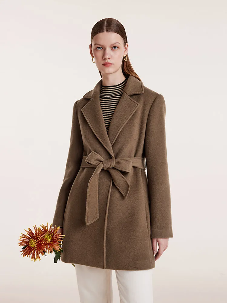 Manteau marron à revers cranté en laine Tencel avec ceinture