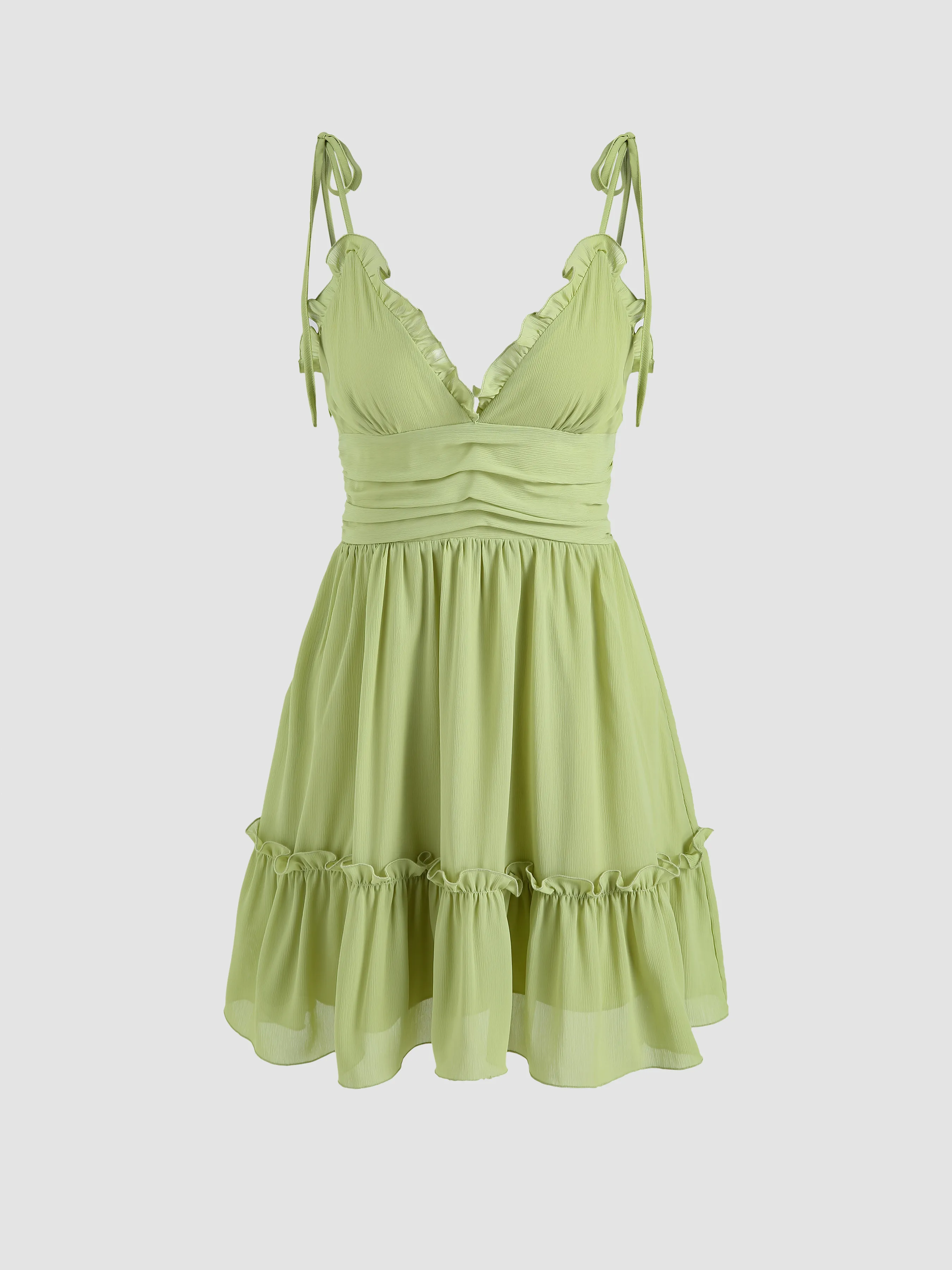 Robe mini à volants et épaules nouées unie