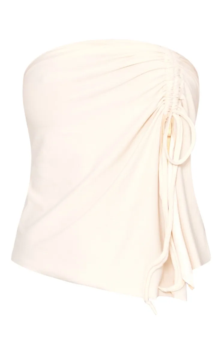 Top bustier en jersey doux gris pierre froncé noué devant