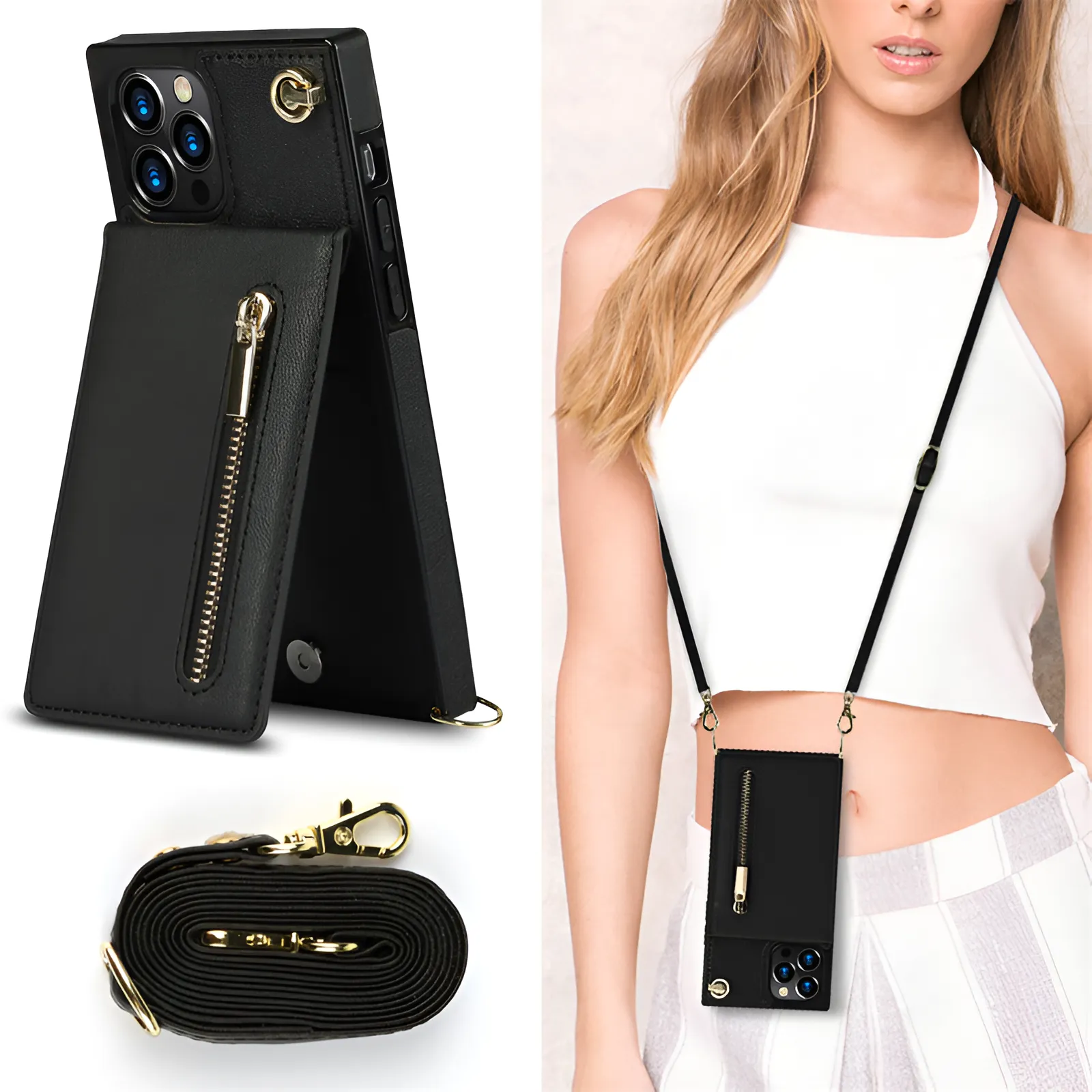 tui pour téléphone portable Crosboddy | tui portefeuille pour iPhone avec porte-cartes