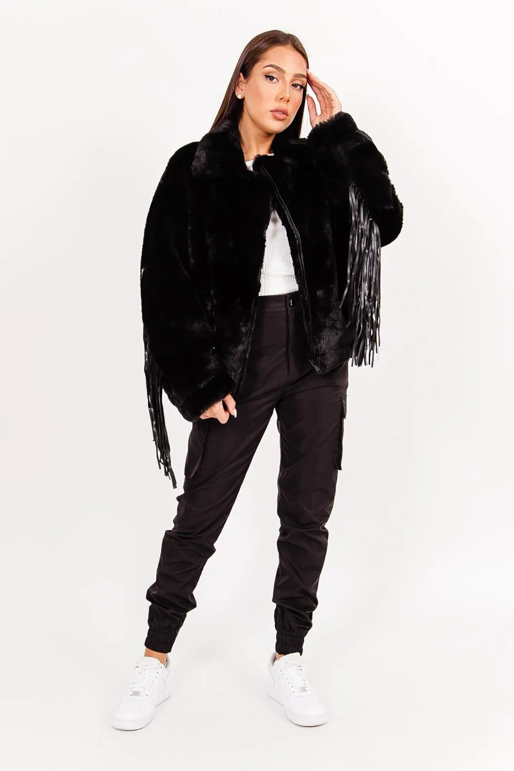 Veste fausse fourrure franges Noir