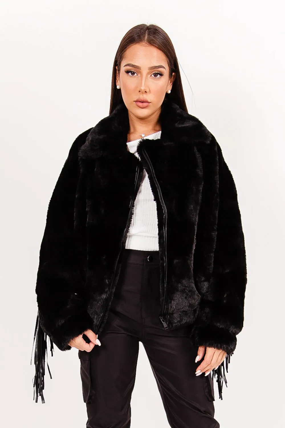 Veste fausse fourrure franges Noir